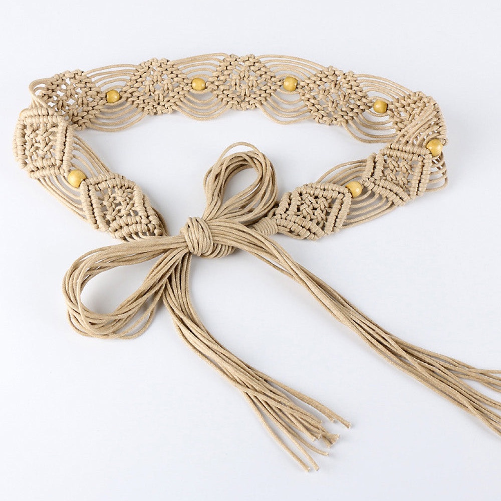 NWT Macrame Boho Woven Rattan Straw Rope Braid Waist Belt Khaki Tan